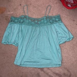 teal off the shoulder lace neckline top